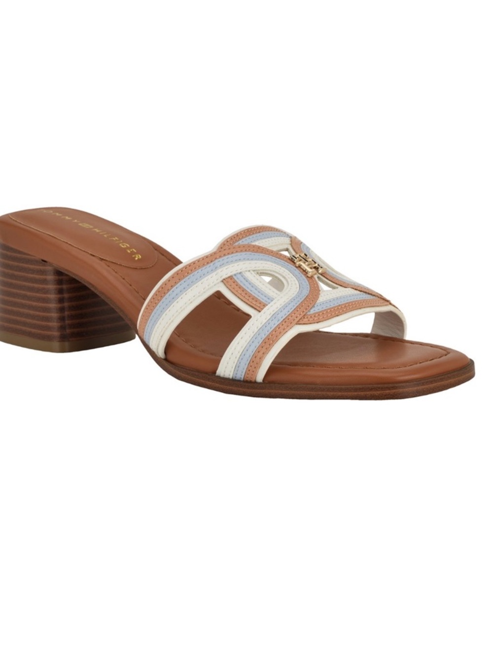Tommy Hilfiger White, Tan and Light Blue Strappy Low Block Heel Mule